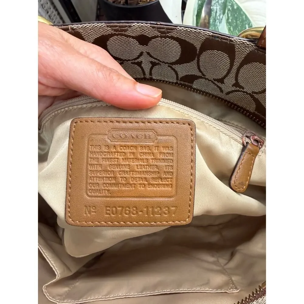 Coach Shoulder Bag Logo Pattern Leather Trim Gold Hardware Pockets